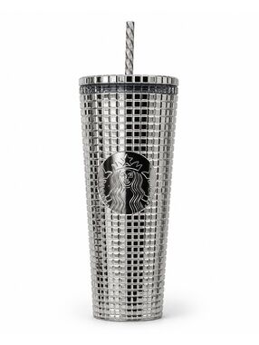 Starbucks 2023 Holiday Silver Chrome Grid Disco Tumbler 24oz Venti NEW